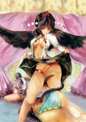 Rule 34 | 2girls, alternate costume, animal ears, ass, black hair, blouse, blue panties, breasts, camisole, chidori nekoro, clothes lift, colored eyelashes, feathered wings, floral print, grey eyes, hat, jitome, lingerie, looking at another, lying, medium breasts, miniskirt, mouse ears, mouse tail, multiple girls, navel, nazrin, no bra, on stomach, open clothes, open shirt, panties, pantyshot, pointy ears, red eyes, red panties, shameimaru aya, shirt, short hair, skirt, skirt lift, standing, tail, thighs, tokin hat, touhou, underwear, wings