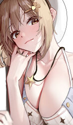 Rule 34 | 1girl, absurdres, atelier (series), atelier ryza, beret, blush, breasts, brown eyes, brown hair, chinese commentary, cleavage, close-up, closed mouth, commentary request, eyelashes, hair between eyes, hair ornament, hairclip, hand up, hat, head rest, highres, jewelry, large breasts, liwen520, looking at viewer, medium hair, necklace, reisalin stout, simple background, smile, smug, solo, star (symbol), star necklace, white background, white hat