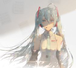 Rule 34 | 1girl, ahoge, bare shoulders, black sleeves, breasts, closed mouth, collared shirt, commentary request, detached sleeves, green eyes, green hair, green neckwear, hair between eyes, hair ornament, hatsune miku, hatsune miku no shoushitsu (vocaloid), headset, highres, long hair, long sleeves, saihate (d3), sheet music, shirt, sleeveless, sleeveless shirt, small breasts, smile, solo, twintails, upper body, very long hair, vocaloid, white shirt
