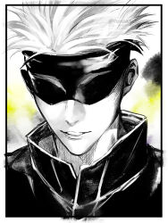 Rule 34 | 1boy, blindfold, covered eyes, gojou satoru, greyscale with colored background, jacket, jujutsu kaisen, male focus, manao (manao ast), parted lips, short hair, smile, solo, twitter username