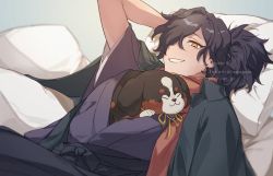 Rule 34 | 1boy, :d, animal, animal in clothes, arm behind head, artist name, black hair, commentary request, dog, fate/grand order, fate/type redline, fate (series), hair over one eye, hakama, hua (supa jopa), japanese clothes, kimono, koha-ace, long hair, long sleeves, looking at viewer, lying, male focus, okada izou (fate), open mouth, ponytail, smile, solo, teeth, twitter username, yellow eyes