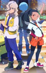 Rule 34 | 1boy, 2girls, ;), arm up, arven (pokemon), bag, black hair, black pantyhose, blue hair, blue pants, boots, closed mouth, collared shirt, commentary request, creatures (company), dark-skinned female, dark skin, day, eyelashes, game freak, green hair, hand on own hip, highres, hsin, index finger raised, looking at viewer, multiple girls, necktie, nemona (pokemon), nintendo, one eye closed, orange eyes, orange necktie, orange shorts, outdoors, pants, pantyhose, penny (pokemon), pokemon, pokemon sv, ponytail, print pantyhose, see-through, see-through skirt, shirt, shoes, short hair, shorts, shorts under skirt, shoulder bag, skirt, smile, vest, yellow vest