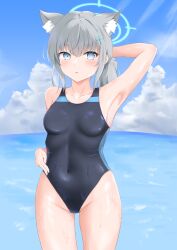 Rule 34 | 1girl, absurdres, animal ear fluff, animal ears, arm behind head, black one-piece swimsuit, blue archive, blue eyes, blue sky, breasts, cloud, competition swimsuit, covered navel, cowboy shot, cross hair ornament, day, extra ears, grey hair, groin, hair ornament, halo, hand on own hip, highleg, highleg swimsuit, highres, horizon, low ponytail, medium breasts, medium hair, mismatched pupils, mossan (mossan65536), multicolored clothes, multicolored swimsuit, ocean, official alternate costume, one-piece swimsuit, outdoors, shiroko (blue archive), shiroko (swimsuit) (blue archive), sky, solo, swimsuit, wolf ears
