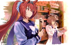 Rule 34 | 2girls, absurdres, agnes tachyon (umamusume), ahoge, animal ears, book, bookshelf, bow, bowtie, brown hair, chemical structure, commentary request, daiwa scarlet (umamusume), ear bow, earrings, from side, hair between eyes, hair intakes, hand on own chin, highres, holding, holding book, horse ears, horse girl, jewelry, lab coat, library, long hair, long sleeves, mikedate, multiple girls, orange eyes, outside border, plant, pleated skirt, potted plant, puffy long sleeves, puffy sleeves, reading, sailor collar, school uniform, scrunchie, serafuku, short hair, single earring, skirt, stroking own chin, tiara, tracen school uniform, twintails, umamusume, upper body, very long hair, white bow, white bowtie
