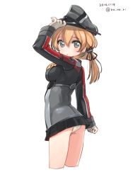 Rule 34 | 10s, 1girl, anchor hair ornament, ass, bad id, bad twitter id, blonde hair, blue eyes, blush, breasts, gloves, hair ornament, hat, kantai collection, koruri, long hair, long sleeves, microskirt, military, military uniform, open mouth, panties, pantyshot, peaked cap, prinz eugen (kancolle), simple background, skirt, solo, twintails, twitter username, underwear, uniform, white background, white gloves, white panties