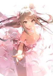 Rule 34 | 1girl, absurdres, anmi, ballerina, ballet, bare shoulders, blush, breasts, brown eyes, choker, cleavage, crown, feathers, flower, hair ornament, highres, leg up, light brown hair, long hair, looking at viewer, medium breasts, mini crown, open mouth, original, scan, see-through, simple background, solo, tutu