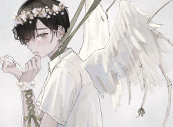 Rule 34 | 1boy, angel, angel wings, black hair, bone, bound, bound wrists, collared shirt, crying, ear piercing, facing to the side, flower, grey eyes, head wreath, looking at viewer, male focus, niufog, open mouth, original, piercing, shirt, short hair, short sleeves, solo, white shirt, wings