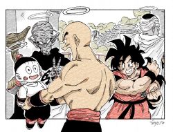 Rule 34 | 5boys, :d, bald, black eyes, black hair, blush, blush stickers, cape, carrying, chaozu, clenched hands, cloud, colored skin, commentary request, dougi, dragon ball, dragonball z, eye contact, facial scar, facing away, fenyon, grin, halo, happy, hat, kami-sama, looking at another, looking back, male focus, multiple boys, open mouth, outside border, pale skin, piccolo, profile, railing, scar, scar on cheek, scar on face, topless male, smile, snake way, staff, tenshinhan, turban, twitter username, upper body, v, white skin, wristband, yamcha