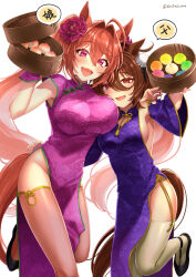 Rule 34 | 2girls, absurdres, agnes tachyon (umamusume), ahoge, alternate costume, animal ears, bamboo steamer, black footwear, blush, breasts, brown hair, china dress, chinese clothes, chinese text, cleavage cutout, clothing cutout, daiwa scarlet (umamusume), detached sleeves, dress, emil1030 blue, fang, flats, flower, food, hair between eyes, hair flower, hair intakes, hair ornament, hand on another&#039;s shoulder, highres, horse ears, horse girl, horse tail, large breasts, long hair, looking at viewer, medium breasts, medium hair, multiple girls, open mouth, orange eyes, pelvic curtain, pink thighhighs, red eyes, sideboob, skin fang, smile, speech bubble, standing, standing on one leg, sweat, nervous sweating, tail, thighhighs, translated, twintails, twitter username, umamusume, wavy mouth, white background