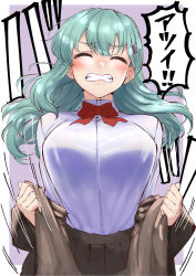 Rule 34 | 1girl, aqua hair, bow, bowtie, brown jacket, brown skirt, clenched teeth, collared shirt, commentary, dress shirt, closed eyes, hair ornament, hairclip, highres, ishii hisao, jacket, kantai collection, long hair, pleated skirt, red bow, red bowtie, school uniform, shirt, skirt, solo, suzuya (kancolle), suzuya kai ni (kancolle), teeth, undressing, upper body, white shirt