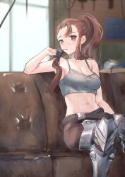 Rule 34 | 1girl, absurdres, armor, bare arms, bare shoulders, belt, black belt, breasts, brigitte (overwatch), brown eyes, brown hair, camisole, cleavage, commentary request, couch, crop top, feet out of frame, greaves, highres, indoors, long hair, looking at viewer, medium breasts, midriff, navel, overwatch, overwatch 2, ponytail, sitting, solo, spaghetti strap, stomach, yawww (yawwwart)
