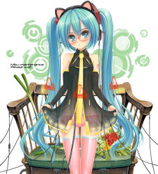 Rule 34 | 1girl, aqua eyes, aqua hair, belth, bespectacled, cable, chair, detached sleeves, flower, glasses, hatsune miku, head tilt, headphones, headset, highres, long hair, necktie, norita, pink thighhighs, rose, see-through, short shorts, shorts, solo, thighhighs, twintails, very long hair, vocaloid, lat model (mikumikudance)