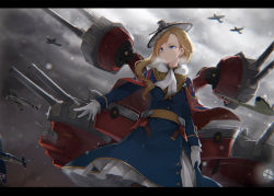 Rule 34 | 1girl, aircraft, airplane, azur lane, blonde hair, blue eyes, breath, cannon, cape, commentary request, gloves, hair ornament, hood (azur lane), letterboxed, long hair, long sleeves, machinery, nanahara fuyuki, outdoors, turret, white gloves