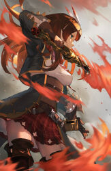 Rule 34 | blue eyes, boots, carren (granblue fantasy), fire, gloves, granblue fantasy, hair ornament, highres, holding, holding sword, holding weapon, jacket, long hair, pleated skirt, skirt, skymax, sword, thigh boots, weapon