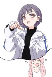 Rule 34 | 2girls, ?, bang dream!, bang dream! it&#039;s mygo!!!!!, black shirt, chihaya anon, commentary request, fang, grey hair, gumoyu, hand up, imagining, jacket, long sleeves, looking at viewer, multiple girls, open clothes, open jacket, piercing, pink eyes, pink hair, shirt, short hair, simple background, takamatsu tomori, thought bubble, tongue piercing, upper body, white background, white jacket