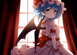 Rule 34 | 1girl, bat wings, blue hair, bow, closed mouth, curtains, dise (psychoro), from side, hat, hat ribbon, highres, indoors, looking at viewer, mob cap, pink hat, pink shirt, pink skirt, red bow, red eyes, red ribbon, remilia scarlet, ribbon, shirt, short hair, short sleeves, skirt, solo, standing, touhou, window, wings, wrist cuffs