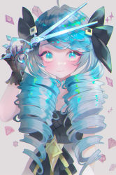 Rule 34 | 1girl, ahoge, black bow, black gloves, blue eyes, blue hair, blush, bow, closed mouth, commentary, dress, drill hair, eyebrows hidden by hair, gloves, grey background, gwen (league of legends), hair bow, hand up, highres, holding, league of legends, long hair, looking at viewer, scissors, simple background, smile, solo, twin drills, upper body, usagi (3828164), white dress
