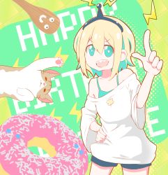 Rule 34 | 1girl, amano pikamee, antennae, blue eyes, blue shorts, cat, doughnut, english text, food, happy birthday, highres, ladle, loose clothes, loose shirt, multicolored hair, pointing, sharp teeth, shirt, short hair, shorts, smile, smiley face, sparks, teeth, try0713, two-tone background, two-tone hair, virtual youtuber, voms, wide sleeves
