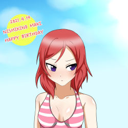 Rule 34 | 1girl, artist name, artist request, bare shoulders, bikini, blue sky, blush, breasts, cloud, collarbone, day, female focus, hair between eyes, looking at viewer, love live!, love live! school idol project, nishikino maki, outdoors, parted lips, pink bikini, purple eyes, red hair, short hair, sky, small breasts, smile, solo, striped bikini, striped clothes, swimsuit, upper body