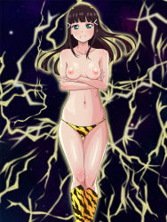 Rule 34 | 1girl, animal print, aqua eyes, artist name, artist request, bare legs, bare shoulders, black hair, blue sky, blunt bangs, breasts, cloud, collarbone, crossed arms, female focus, floating hair, green eyes, hair ornament, hairclip, hime cut, kurosawa dia, long hair, looking at viewer, love live!, love live! sunshine!!, mole, mole under mouth, nail, nail polish, night, night sky, nipples, outdoors, pink nails, sky, small breasts, solo, star (sky), thunder