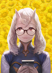 Rule 34 | 1girl, albino, black-framed eyewear, breasts, cellphone, closed mouth, daisy, eyelashes, floral background, flower, gd choco, glasses, holding, holding phone, horns, humanization, lips, looking at viewer, medium breasts, own hands together, pale skin, phone, red eyes, smile, solo, toriel, undertale, upper body, white hair, yellow background, yellow flower