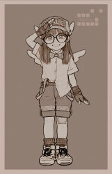 Rule 34 | 1girl, arm up, bandaid, bandaid on knee, bandaid on leg, baseball cap, border, bow, bowtie, buttons, character name, child, circle name, clothes writing, collared shirt, commentary request, dr. slump, fingerless gloves, full body, glasses, gloves, grin, hat, highres, legs together, long hair, looking at viewer, monochrome, norimaki arale, print bow, print bowtie, ribbed gloves, ribbed socks, rustle, salute, sepia, shirt, shirt partially tucked in, shoes, short sleeves, shorts, simple background, smile, socks, solo, standing, straight-on, straight hair, suspenders hanging, traditional bowtie, winged hat, wings