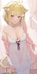 Rule 34 | 1girl, ahoge, animal ear fluff, animal ears, bare shoulders, bedside, blonde hair, blunt bangs, breasts, cardigan, cat ears, cat girl, cat tail, cleavage, collarbone, from above, hair bobbles, hair ornament, heart, heart ahoge, highres, indoors, kemomimi refle!, looking at viewer, nekoma karin, open cardigan, open clothes, pallad, pink cardigan, pink eyes, pink ribbon, ribbon, see-through, see-through silhouette, smile, solo, tail, tail ornament, tail ribbon, virtual youtuber, wing hair ornament