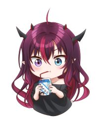 Rule 34 | 1girl, absurdres, aged down, black skirt, blue eyes, child, cropped torso, drinking, drinking straw, fangs, fingernails, heterochromia, highres, hololive, hololive english, horns, irys (hololive), jan azure, milk carton, multicolored hair, multiple horns, oversized clothes, oversized shirt, purple eyes, red eyes, shirt, skirt, solo, t-shirt, transparent background, upper body, virtual youtuber, yagoo