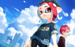 Rule 34 | 1boy, 1girl, bike shorts, building, city, cityscape, day, highres, maton (post it rock), nintendo, octoling player character, outdoors, red eyes, splatoon (series), splatoon 2, tentacle hair