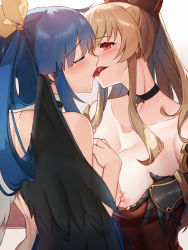 Rule 34 | 2girls, angel wings, arc system works, areola slip, asymmetrical docking, asymmetrical wings, back, blonde hair, blue hair, breast press, breasts, breasts out, choker, clothed female nude female, commission, company connection, crossover, detached collar, dizzy (guilty gear), closed eyes, french kiss, fumyuun, granblue fantasy, granblue fantasy versus, guilty gear, guilty gear xrd, hair ribbon, huge breasts, kiss, long hair, multiple girls, nipple slip, nipples, nude, ponytail, red eyes, ribbon, skeb commission, tongue, tongue out, topless, twintails, upper body, vira (granblue fantasy), wings, yuri