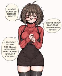 Rule 34 | 1girl, ahoge, aki (snale), black-framed eyewear, black dress, black thighhighs, blush, breasts, brown eyes, brown hair, cowboy shot, dress, english text, glasses, grey background, hair between eyes, hands up, highres, large breasts, long sleeves, looking at viewer, messy hair, original, own hands together, red sweater, ribbed sweater, short dress, short hair, simple background, skindentation, snale, solo, speech bubble, straight-on, sweater, thighhighs, tight clothes, turtleneck, turtleneck sweater, wide hips, zettai ryouiki