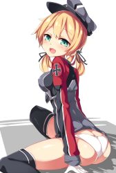 Rule 34 | 10s, 1girl, :d, ass, black thighhighs, blush, breasts, butt crack, gloves, green eyes, hat, kantai collection, looking at viewer, no pants, open mouth, panties, prinz eugen (kancolle), short hair, smile, solo, thighhighs, twintails, unacchi (nyusankin), underwear, white gloves, white panties