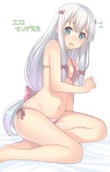 Rule 34 | 10s, 1girl, :o, arm at side, bare arms, bare legs, bare shoulders, barefoot, bed sheet, bikini, blue eyes, blush, bow, breasts, cleavage, commentary request, copyright name, embarrassed, eromanga sensei, flying sweatdrops, gradient hair, hair bow, izumi sagiri, kame^^, long hair, looking at viewer, low-tied long hair, multicolored hair, navel, nose blush, open mouth, panties, pink bikini, pink bow, pink hair, pink ribbon, raised eyebrows, ribbon, side-tie bikini bottom, sidelocks, simple background, sitting, small breasts, solo, stomach, swimsuit, tareme, thighs, translated, underwear, very long hair, white background, white hair, yokozuwari