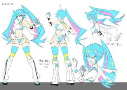 Rule 34 | 1girl, aqua eyes, aqua hair, ass, boots, bra, breasts, character sheet, choker, clenched hands, hatsune miku, highleg, highleg panties, manbou no ane, panties, ring no seraph (vocaloid), shorts, simple background, sports bra, translated, twintails, two-tone legwear, underwear, vocaloid, white background, white bra, white footwear, white shorts