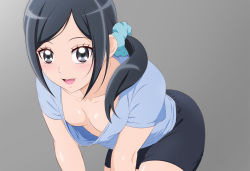 Rule 34 | 1girl, black eyes, black hair, blue scrunchie, blush, breasts, cleavage, downblouse, fuchi (nightmare), gradient background, healin&#039; good precure, leaning forward, looking at viewer, medium breasts, no bra, open mouth, parted bangs, ponytail, precure, sawaizumi chiyu, scrunchie, shorts, side ponytail, simple background, smile, solo