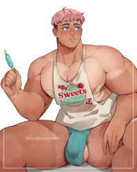 Rule 34 | 1boy, bandaid, bandaids on nipples, bara, blue eyes, blue male underwear, blush, border, bulge, covered erect nipples, cowboy shot, english text, food, highres, holding, holding food, holding popsicle, jockstrap, ketanbakar, large pectorals, looking to the side, male focus, male underwear, muscular, muscular male, open mouth, original, pasties, pectoral cleavage, pectorals, pink hair, popsicle, print tank top, revealing clothes, short hair, sidepec, simple background, sitting, solo, sweat, tank top, testicle peek, thick eyebrows, thick thighs, thighs, undercut, underwear, white background, white border, white tank top