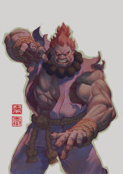 Rule 34 | 1boy, akuma (street fighter), clenched teeth, dark-skinned male, dark skin, dougi, fighting stance, frown, grey background, japanese clothes, looking at viewer, male focus, muscular, muscular male, no pupils, pectorals, ponytail, red hair, simple background, sleeveless, solo, street fighter, teeth, torn clothes, torn sleeves, veins, will murai, yellow eyes