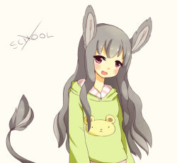Rule 34 | 1girl, animal ears, crossed out, donkey ears, donkey tail, dress, english text, green hair, hood, hoodie, original, oversized clothes, pink eyes, smile, solo, sweater, sweater dress, tail