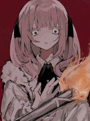 Rule 34 | 1girl, absurdres, adipocere (vocaloid), black ribbon, collared shirt, empty eyes, expressionless, fire, fur-trimmed jacket, fur trim, hair ribbon, hand up, highres, jacket, long hair, looking at viewer, neck ribbon, parted lips, pink hair, red background, ribbon, shirt, si (wooupp), simple background, solo, thick eyelashes, throwing, torch, twintails, upper body, vocaloid, white eyes, white jacket, white shirt