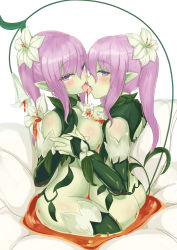 Rule 34 | 2girls, absurdres, alraune, ass, bell orgel, blush, breasts, colored skin, flower, french kiss, green skin, hair between eyes, hair flower, hair ornament, highres, honey, kiss, large breasts, liliraune (monster girl encyclopedia), long hair, looking at viewer, monster girl, monster girl encyclopedia, monster girl encyclopedia ii, multiple girls, nectar, plant girl, purple eyes, purple hair, simple background, thighs, tongue, tongue out, white background, yuri