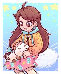 Rule 34 | 1girl, bee (bee and puppycat), bee and puppycat, bow, brown eyes, brown hair, cat, cloud, linterteatime, long hair, long sleeves, looking at viewer, open mouth, pink skirt, puppycat, sitting, skirt, smile, sweater, very long hair