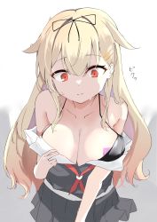 Rule 34 | 1girl, absurdres, bikini, bikini under clothes, black bikini, black ribbon, black shirt, black skirt, blush, breasts, calin, cleavage, closed mouth, condom, condom in clothes, condom wrapper, hair between eyes, hair flaps, hair ornament, hairclip, highres, kantai collection, large breasts, neck ribbon, neckerchief, off shoulder, red eyes, red neckerchief, ribbon, school uniform, serafuku, shirt, simple background, skirt, solo, string bikini, swimsuit, teeth, undressing, upper teeth only, yuudachi (kancolle), yuudachi kai ni (kancolle)