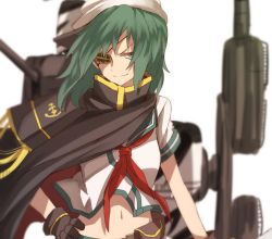 Rule 34 | 10s, 1girl, blurry, cape, depth of field, eyepatch, gloves, green eyes, hand on own hip, hat, kantai collection, kiso (kancolle), looking at viewer, machinery, md5 mismatch, navel, resized, school uniform, serafuku, short sleeves, smile, solo, tsukamoto minori, upper body, white background