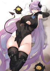 Rule 34 | 1girl, absurdres, alternate costume, azur lane, bad id, bad pixiv id, bare shoulders, black footwear, black gloves, black leotard, black thighhighs, blue eyes, blush, boots, breasts, cleavage, clothing cutout, collarbone, condom, condom wrapper, covered navel, demon horns, demon tail, elbow gloves, glasses, gloves, gneisenau (azur lane), gneisenau (nightmarish succubus) (azur lane), hair between eyes, half-closed eyes, halloween costume, highres, holding, holding condom, horns, kukikomori, large breasts, leotard, long hair, looking at viewer, lying, manjuu (azur lane), mole, mole under eye, on back, open mouth, pillow, pubic tattoo, purple hair, rectangular eyewear, red-framed eyewear, see-through, simple background, skindentation, smile, solo, tail, tattoo, thick thighs, thigh boots, thighhighs, thighs, underboob, underboob cutout, very long hair, white background