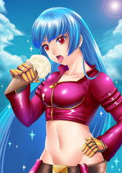 Rule 34 | 1girl, blue hair, breasts, eating, food, hand on own hip, highres, ice cream, kula diamond, long hair, medium breasts, midriff, navel, open mouth, snk, solo, sweat, the king of fighters, tongue, tongue out, zipper