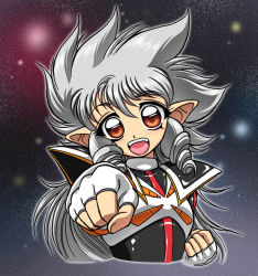 Rule 34 | 1girl, :d, armor, bodysuit, brown eyes, clenched hand, clenched hands, drill hair, female focus, fingerless gloves, gloves, gradient background, grey hair, happy, highres, iczer-3, iczer (series), iczer densetsu, long hair, open mouth, pointy ears, sidelocks, smile, solo, space, white gloves, yukimaru (gojo)