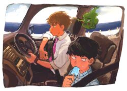 Rule 34 | 3boys, black hair, black pants, blonde hair, blue shirt, blue sky, blush stickers, border, bowl cut, car, car interior, casual, cloud, cloudy sky, collared shirt, day, dress shirt, driving, eating, ekubo (mob psycho 100), elbow rest, expressionless, feet out of frame, floating, floating hair, food, food in mouth, from side, guard rail, half-closed eyes, hand up, holding, holding food, jitome, kageyama shigeo, lips, looking ahead, looking to the side, minahamu, mob psycho 100, motor vehicle, multiple boys, necktie, ocean, pants, pink necktie, plaid, plaid shirt, popsicle, popsicle in mouth, profile, reigen arataka, sanpaku, seatbelt, shirt, short hair, sky, sleeves rolled up, spirit, steering wheel, summer, sweatdrop, watch, white border, wristwatch