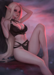 Rule 34 | 1girl, absurdres, bare shoulders, black gloves, black panties, blonde hair, breasts, cleavage, closed eyes, commentary, commission, elf, english commentary, gloves, highres, kayav, knee up, large breasts, leaning back, lingerie, makeup, mascara, navel, original, panties, pointy ears, sitting, solo, thick thighs, thighs, underwear