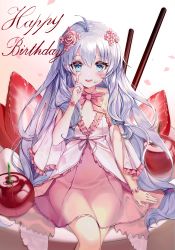 Rule 34 | 1girl, absurdres, ahoge, bare shoulders, blue eyes, blue hair, blush, brown background, buri (retty9349), collarbone, commentary request, dress, flower, food, food on face, frilled dress, frills, fruit, gradient background, hair between eyes, hair flower, hair ornament, happy birthday, highres, in food, long hair, long sleeves, looking at viewer, mini person, minigirl, parted lips, petals, pink dress, pink flower, pink rose, pocky, rose, sitting, smile, solo, soulworker, stella unibell, strawberry, very long hair, white background, wide sleeves