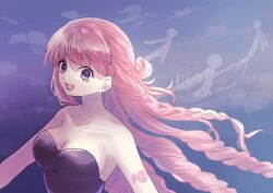 Rule 34 | 1girl, absurdres, arm tattoo, black dress, blunt bangs, braid, cloud, commentary request, dress, drill hair, eyelashes, floating hair, ghost, half updo, highres, long hair, one piece, open mouth, perona, pink eyes, pink hair, sizukawatanuk1, smile, solo, strapless, strapless dress, tattoo
